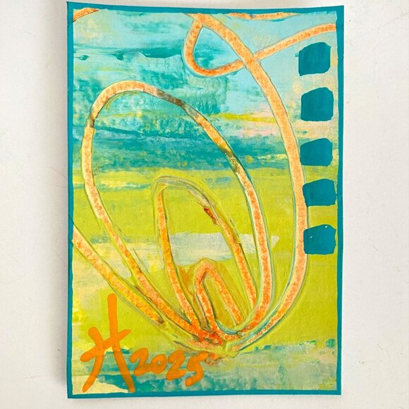 ACEO Original Acrylic Mixed Media Art Tristina Dietz Elmes ATC Orange Blue Green - Picture 1 of 3